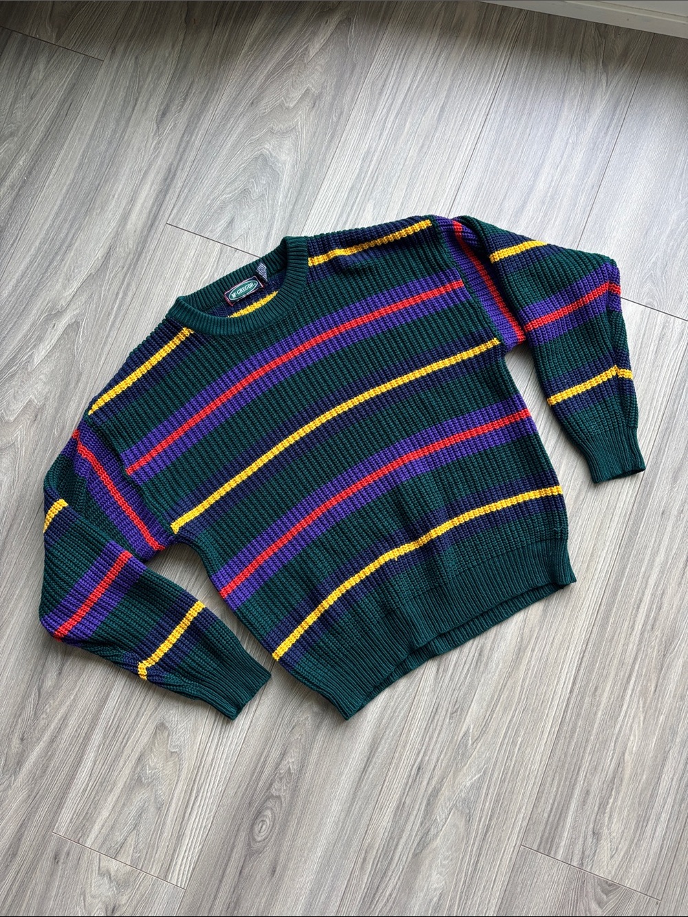 McGregor Dark Green Striped Crewneck Sweater with Yellow, Purple, and Red Bands